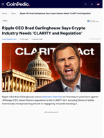 Ripple CEO Brad Garlinghouse Says Crypto Industry Needs 'CLARITY and Regulation'
