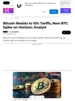 Bitcoin Resists to 15% Tariffs, New BTC Spike on Horizon: Analyst - U.Today