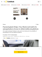 Coinbase said to be looking into participating new stablecoin platform backed by Stripe, Visa, Mastercard