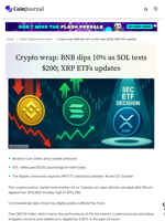 Crypto wrap: BNB dips 10% as SOL tests $200; XRP ETFs updates - CoinJournal