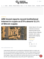 ARK Invest reports record institutional interest in crypto as ETFs absorb 12.2% of Bitcoin supply