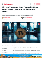 Capital B Acquires 2,249 BTC as Bitcoin Reaches $116K