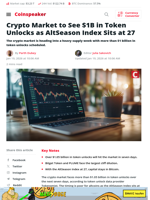 Crypto Market Faces $1B Token Unlocks as Altseason Index Slips to 27