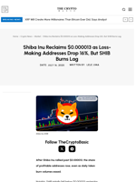 Shiba Inu Reclaims $0.000013 as Loss-Making Addresses Drop 16%, But SHIB Burns Lag