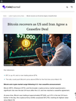 Bitcoin recovers as US and Iran Agree a Ceasefire Deal