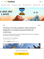 UK House of Lords committee calls on Bank of England to reconsider proposed stablecoin restrictions