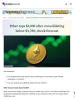 Ether tops $3,800 after consolidating below $3,780; check forecast