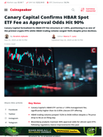 Canary Capital Confirms HBAR Spot ETF Fee as Approval Odds Hit 90% - Coinspeaker