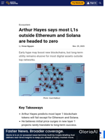 Arthur Hayes says most L1s outside Ethereum and Solana are headed to zero