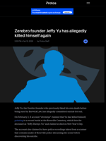 Zerebro founder Jeffy Yu has allegedly killed himself again
