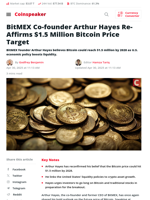 Arthur Hayes Re-Affirms $1.5 Million Bitcoin Price Target