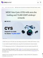 MEXC lists Cysic (CYS) with zero-fee trading and 75,000 USDT airdrop+ rewards - CoinJournal