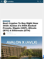 Best Cryptos To Buy Right Now 2025: Avalon X’s RWA Backed Presale, Ripple (XRP), Bitcoin (BTC) & Ethereum (ETH) - TechBullion