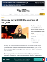 Strategy buys 3,015 Bitcoin more at $67,700
