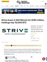 Strive buys 2,500 Bitcoin for $185 million, holdings top 19,000 BTC