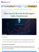 Ether eyes $4,700 as the $4,250 support holds; Check forecast