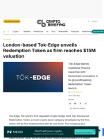 London-based Tok-Edge unveils Redemption Token as firm reaches $15M valuation