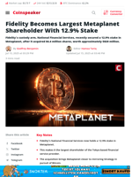 Fidelity Now Metaplanet’s Top Shareholder With 12.9% Stake