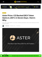 Aster Price: CZ Backed DEX Token Gains 2,180% in Seven Days. Here's Why - CoinCentral