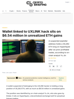 Wallet linked to UXLINK hack sits on $6.54 million in unrealized ETH gains