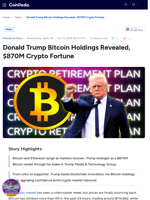 Donald Trump Bitcoin Holdings Revealed, $870M Crypto Fortune