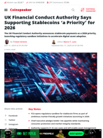 UK Financial Conduct Authority Says Supporting Stablecoins ‘a Priority’ for 2026 - Coinspeaker