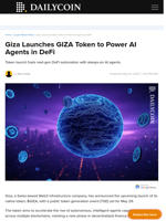 Giza Launches GIZA Token to Power AI Agents in DeFi - DailyCoin