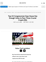 Top US Congressman Says House Has Enough Votes to Pass Three Crucial Crypto Bills