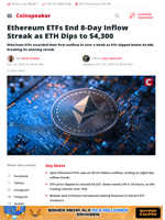 Ethereum ETFs End 8-Day Inflow Streak as ETH Dips to $4,300 - Coinspeaker