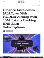 Binance Lists Allora (ALLO) as 58th HODLer Airdrop with 15M Tokens Backing BNB Earn Subscriptions