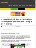 Streamex (BSGM) CEO Henry McPhie Highlights BSGM Merger and RWA Tokenization Strategy in Live TV Interview