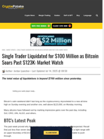 Single Trader Liquidated for $100 Million as Bitcoin Soars Past $123K: Market Watch
