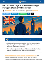 UK Lib Dems Urge FCA Probe Into Nigel Farage’s Stack BTC Promotion