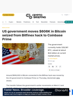 US government moves $606K in Bitcoin seized from Bitfinex hack to Coinbase Prime