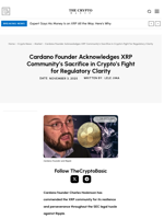 Cardano Founder Acknowledges XRP Community’s Sacrifice in Crypto’s Fight for Regulatory Clarity