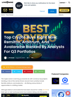 Top Crypto Buys Right Now: Remittix, Arbitrum, And Avalanche Ranked By Analysts For Q3 Portfolios | Live Bitcoin News