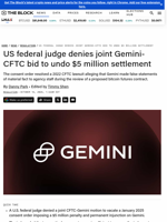 US federal judge denies joint Gemini-CFTC bid to undo $5 million settlement | The Block