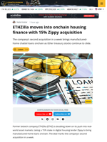 ETHZilla Buys 15% of Zippy to Tokenize Manufactured Home Loans