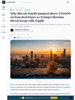 Bitcoin jumps above $70,000 as Trump hints at Iran deal