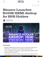 Binance Launches $100M HEMI Airdrop for BNB Holders