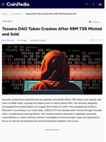 Tessera DAO Token Crashes After 99M TSR Minted and Sold