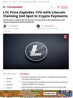 LTC Price Up 11%, Litecoin Claiming 2nd Spot in Crypto Payments
