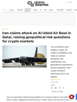 Iran claims attack on Al Udeid Air Base in Qatar, raising geopolitical risk questions for crypto markets