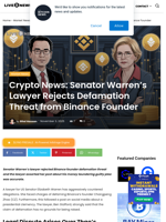 Crypto News: Senator Warren’s Lawyer Rejects Defamation Threat from Binance Founder | Live Bitcoin News
