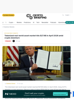 Tokenized real-world asset market hits $27.6B in April 2026 amid crypto downturn