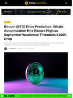 Bitcoin (BTC) Price Prediction: Whale Accumulation Hits Record High as September Weakness Threatens $100K Drop - CoinCentral