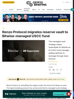 Renzo Protocol migrates reserve vault to Bitwise-managed USCC fund