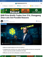 BNB Price Briefly Trades Over $1k; Changpeng Zhao Lists Out Possible Reasons - TheNewsCrypto