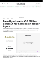 Paradigm Leads $50 Million Series A for Stablecoin Issuer Agora - 