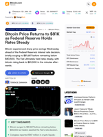 Bitcoin Price Returns to $81K as Federal Reserve Holds Rates Steady